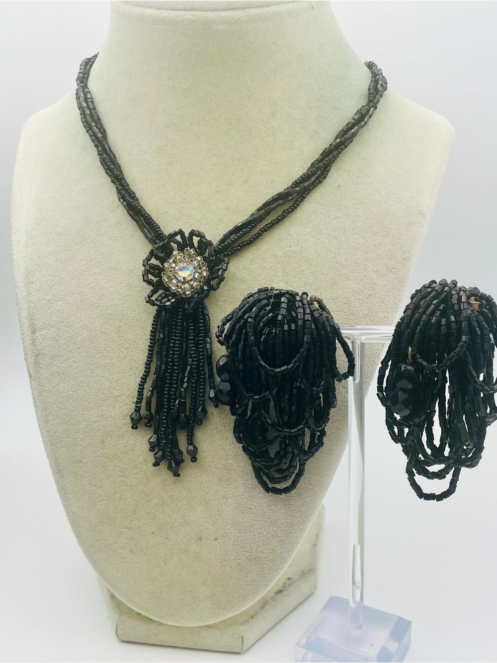 Vintage Black Bead Multi Strand Tassel Necklace & Clip On Earrings Set. 16 inch